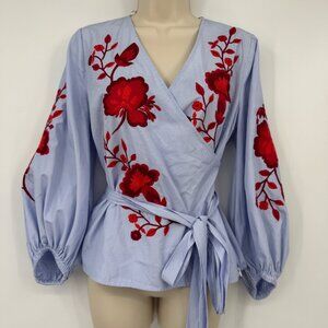 INC International Concepts Embroidered Wrap Top woman’s size small petite bishop